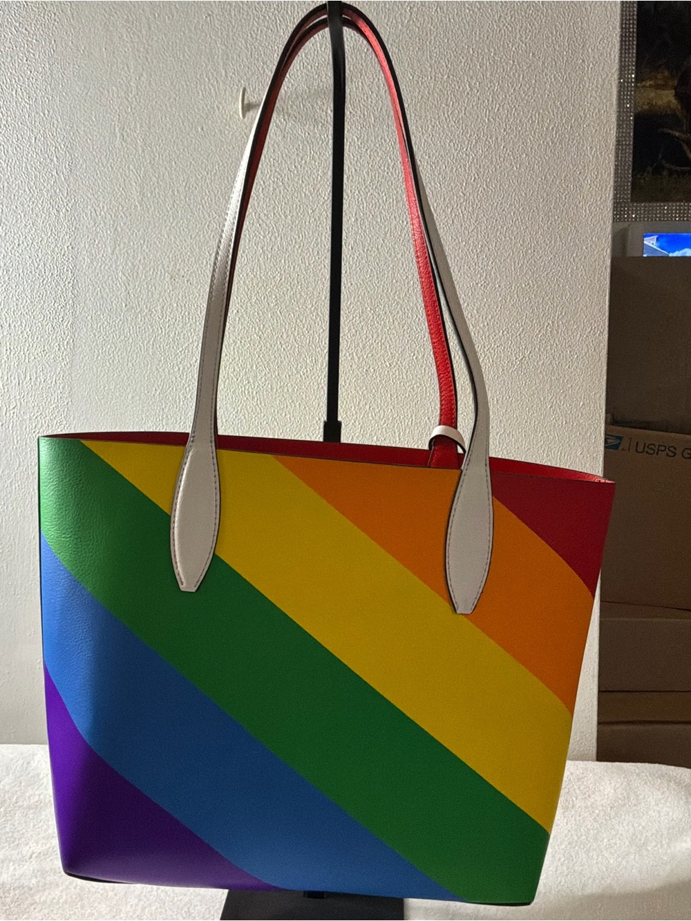 Limited edition Kate spade Rainbow Diagonal Stripe Tote - White Handles w/Pouch - Picture 3 of 9